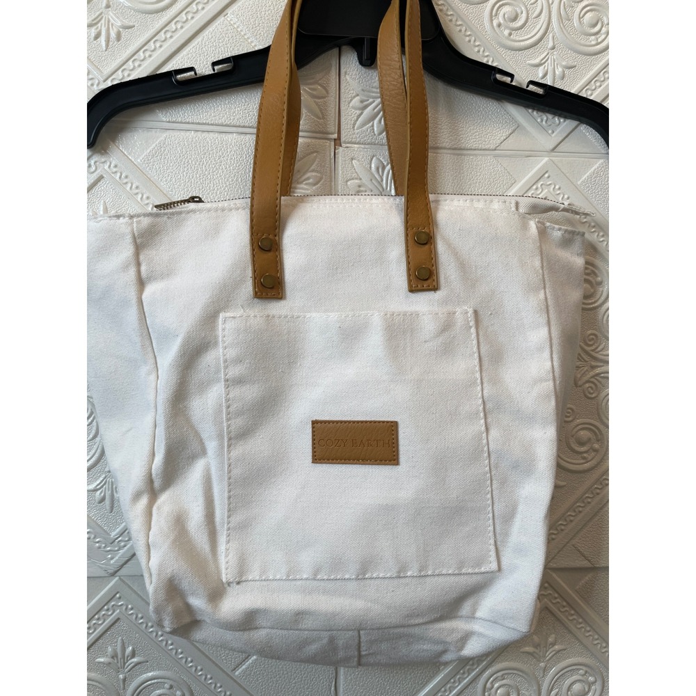 Cozy Earth Canvas Tote Bag Cream Tan Vegan Leather Straps Zipper Top Minimalist